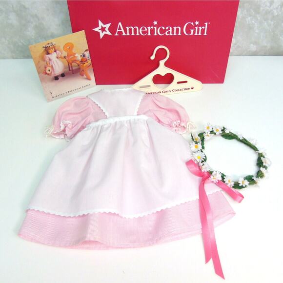 American Girl Kirsten Birthday Outfit Pleasant Co Apron Dress Wreath Hanger Bag - Picture 3 of 11